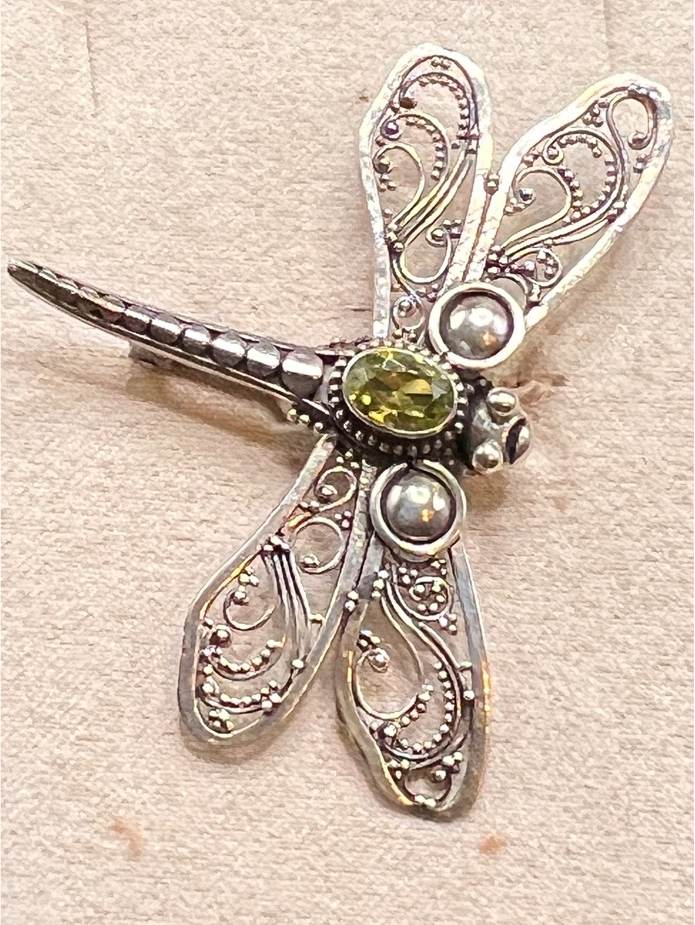 925 Sterling Silver Filigree Dragonfly Brooch Green Stone Marcasite